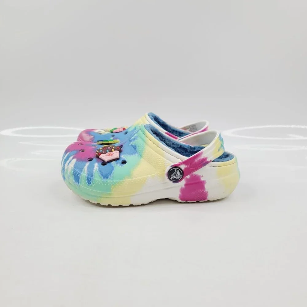 Crocs Girl's Multicolor Fuzzy Tie Dye‎ Adjustable Slip-On Casual Clogs Size 11